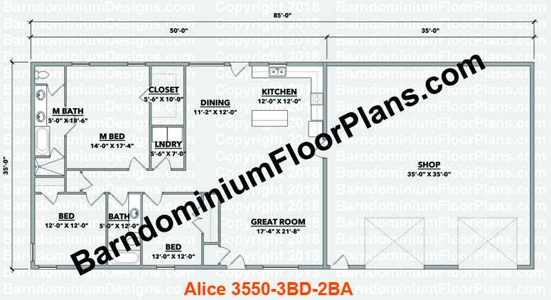 Alice 3550 3 Bed 2 Bath Barndominium House Plans